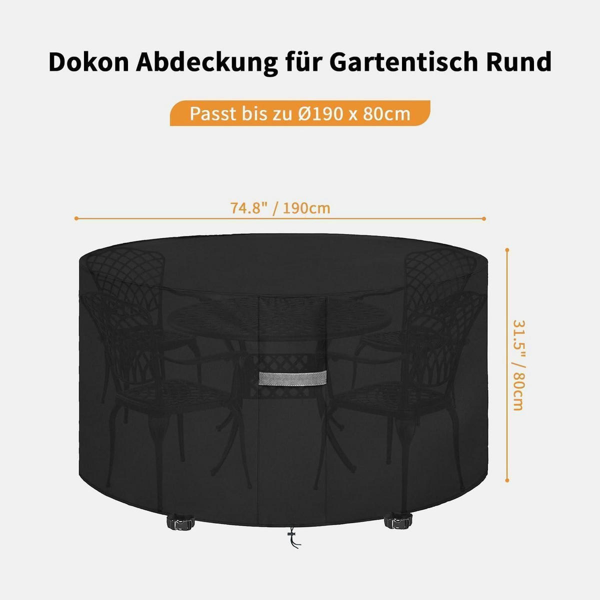 ABDECKHAUBE für Gartentisch Rund Schwarz 190 x 80 cm - Schwarz, Textil (190/80/190cm)