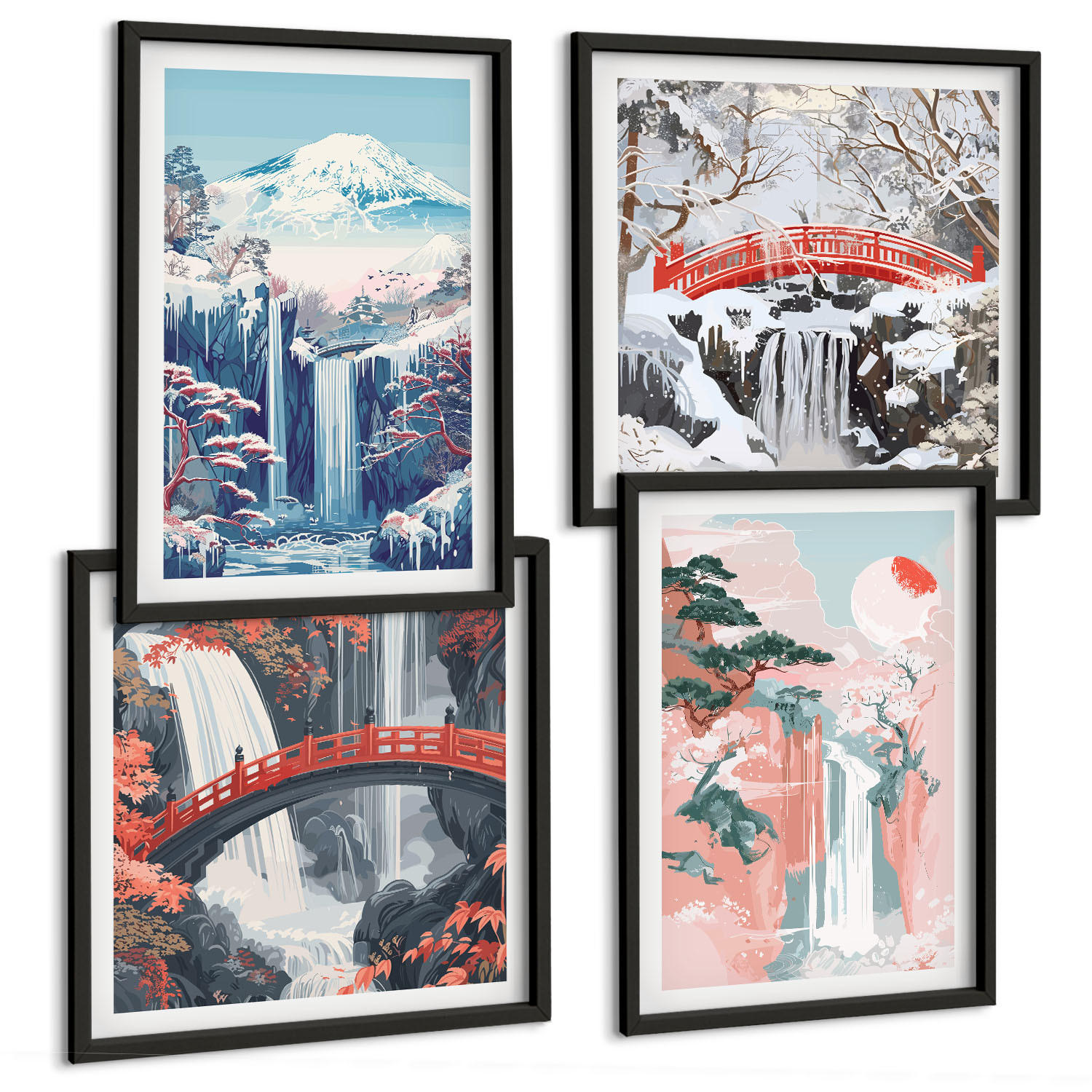 BILDER SET 4er Set - 50x50 cm & 40x60 cm Schwarzer Rahmen - Wasserfälle, Berge, Brücken, Bäume - Schwarz, Kunststoff (50/50cm) - TULUP