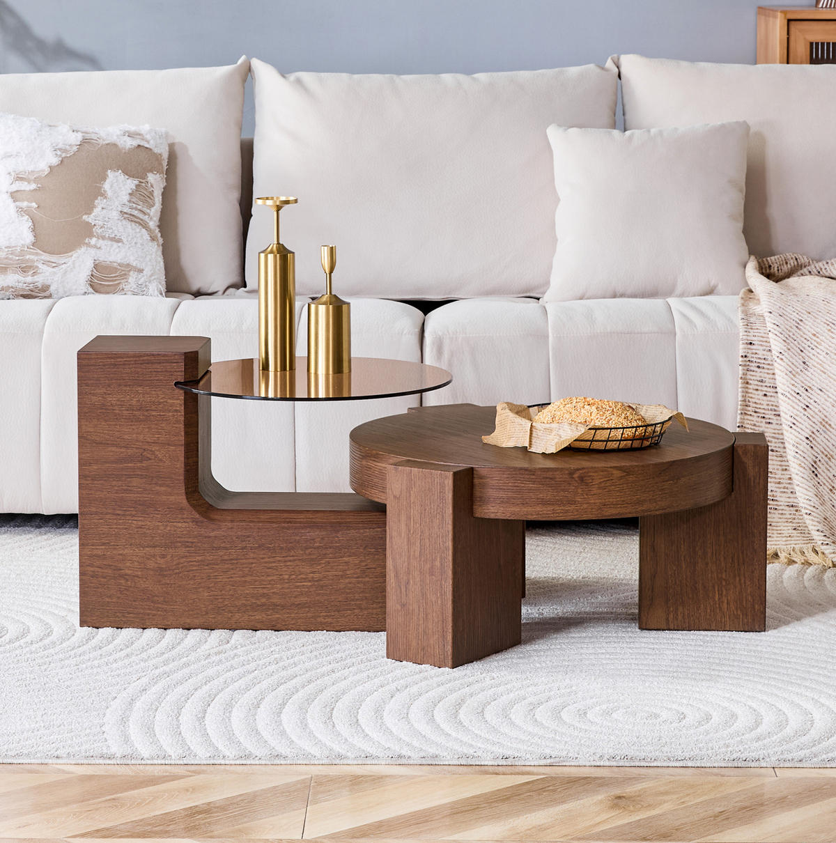 COUCHTISCH aus MDF und Glas Ø61x30 cm in Nussbaumoptik mit 2 Ebenen - Walnussfarben, Holzwerkstoff (61/61/30cm) - Modfu