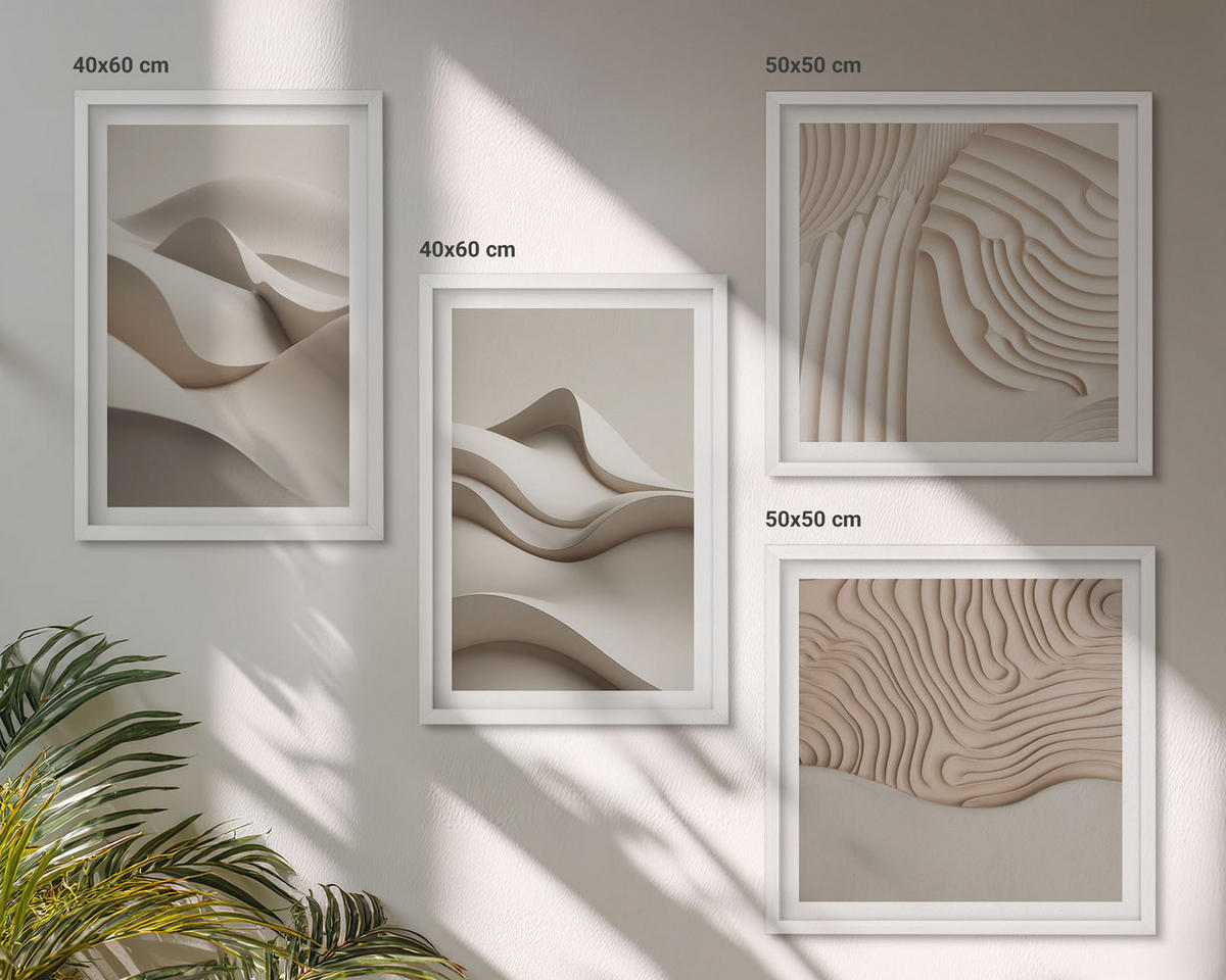 WANDBILDER 4er-Set - 50x50 cm & 40x60 cm Weißer Rahmen - Abstrakte beige Wellen - Weiß, Kunststoff (50/50cm) - ArtPrintCave