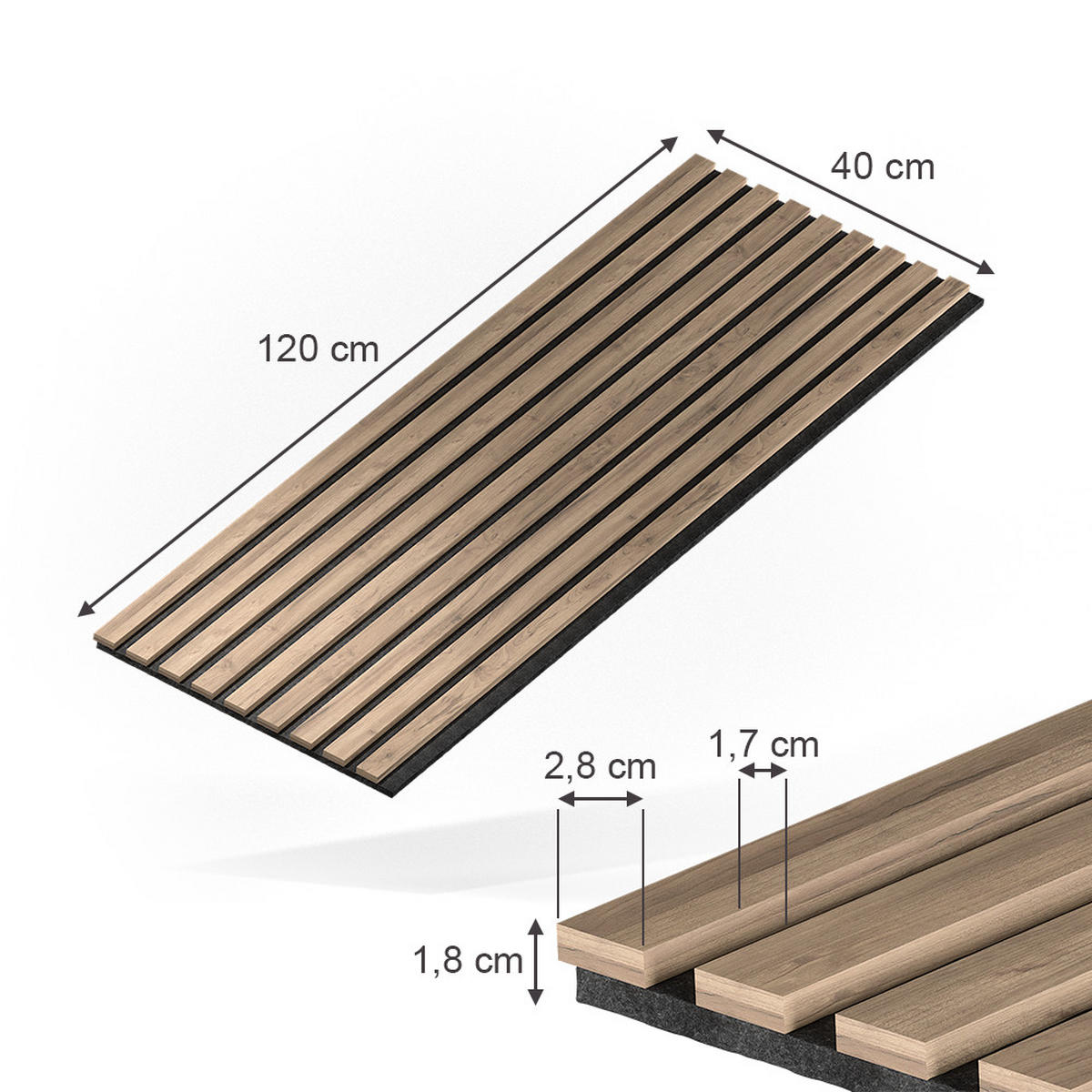 WANDPANEELE Akustikpaneel Nussbaum 12 Stück - Walnussfarben, Holzwerkstoff (120/40/1.8cm) - Vicco