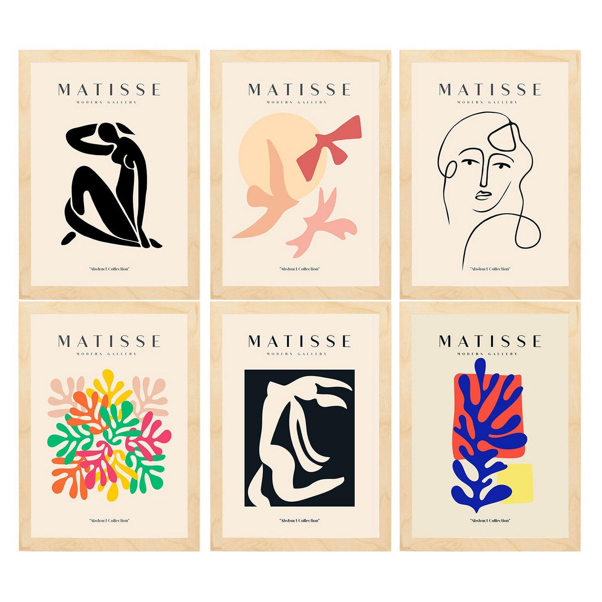 POSTER Set Mit 6 Illustrationen Von Henri Matisse Silhouetten A3 Rahmen Aus Hellem Holz - Beige, Papier (29/3cm) - Nacnic
