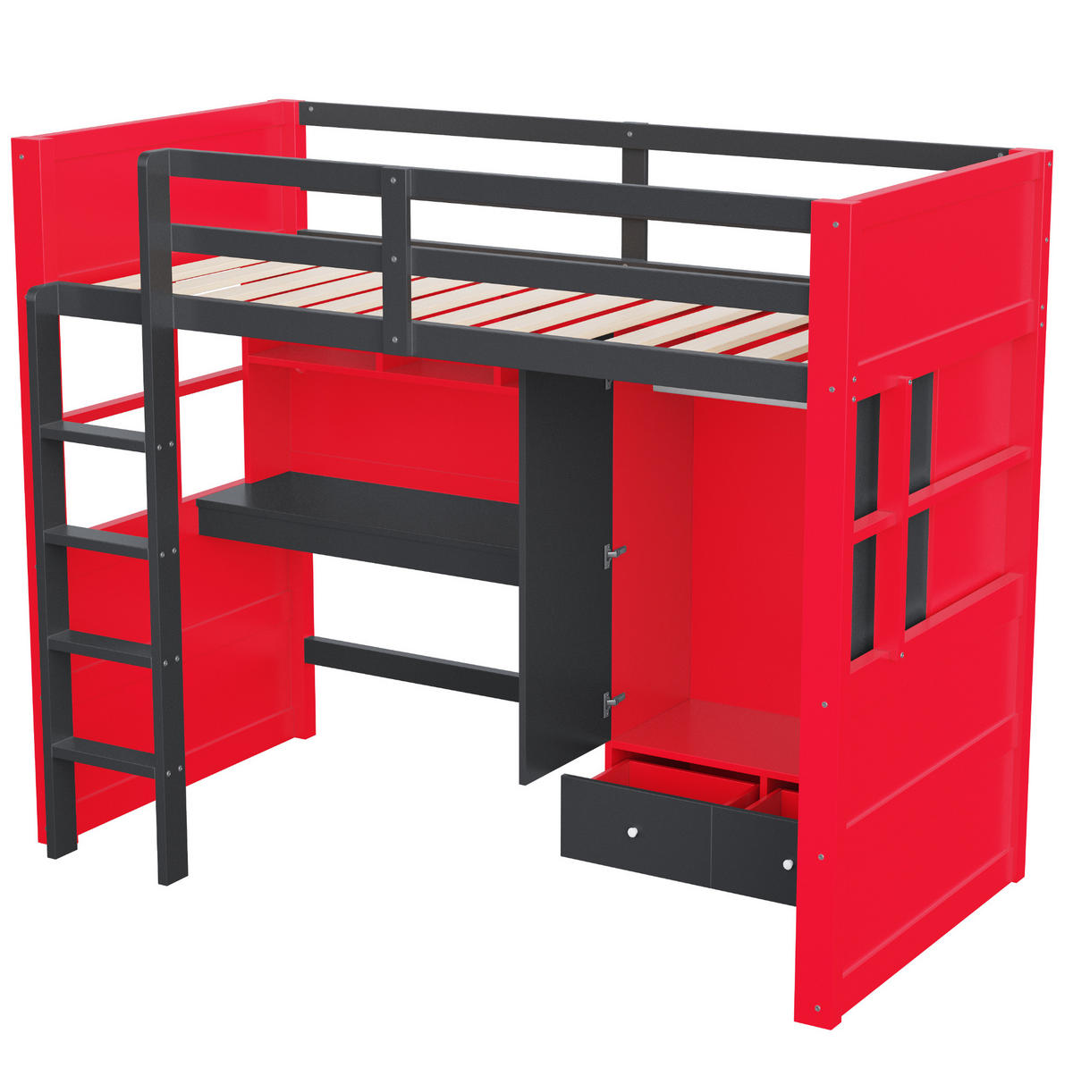 HOCHBETT 90x200 cm in Schwarz-Rot mit Schreibtisch, Kleiderschrank und LED-Beleuchtung - Schwarz, Holz (90/200cm) - IVMEU