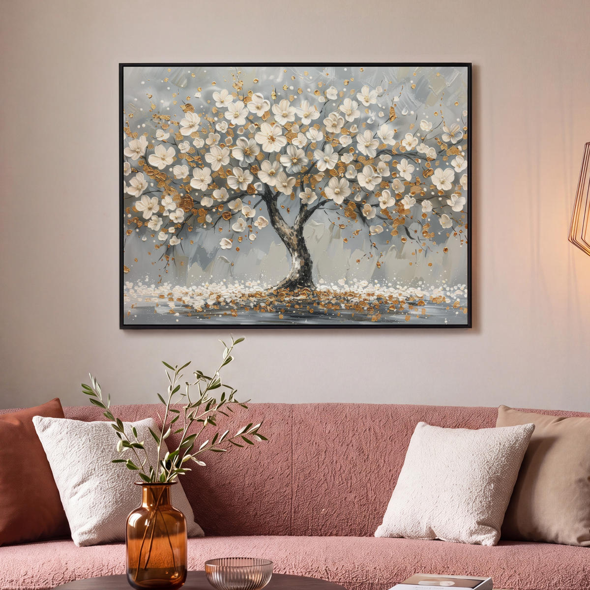LEINWAND Bilder mit Rahmen - Baum - Blumen - Weiß - Natur - Kunst - 100x70 - Weiß, Textil (100/70cm) - MuchoWow