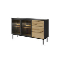 KOMMODE Lango 150 Schwarz mit Eiche Evoke, Kombikommoden mit Led-Beleuchtung - Schwarz, Holzwerkstoff (150/85/39cm) - Bettso