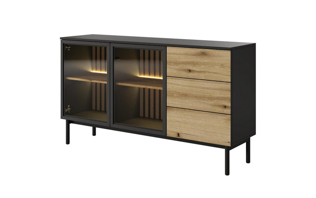 KOMMODE Lango 150 Schwarz mit Eiche Evoke, Kombikommoden mit Led-Beleuchtung - Schwarz, Holzwerkstoff (150/85/39cm) - Bettso