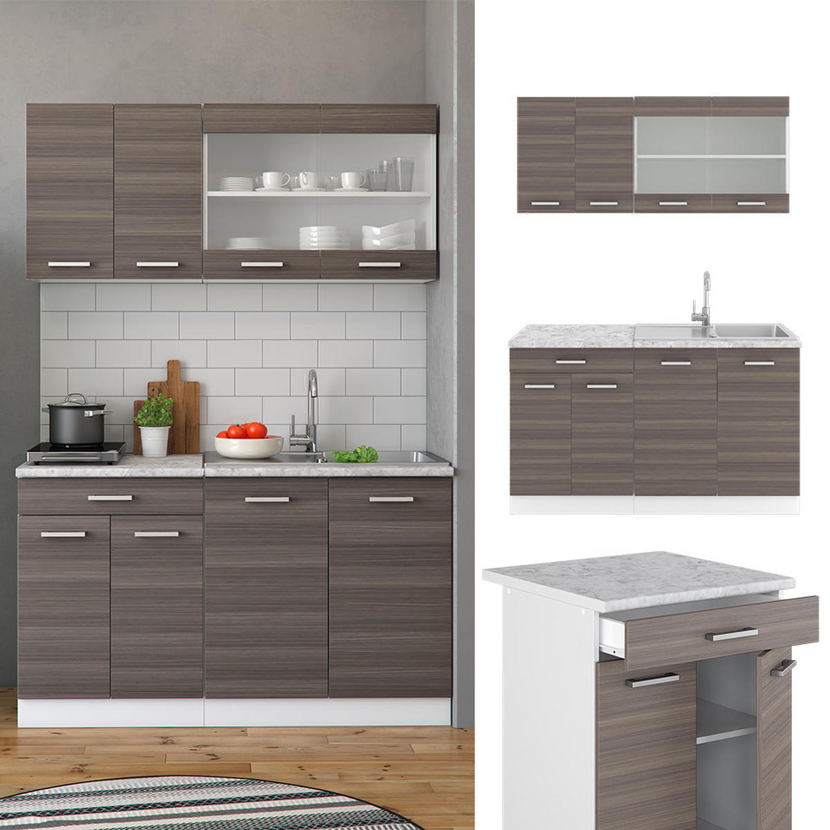 SINGLEKÜCHE R-Line Edelgrau/Weiß 140 cm, AP Anthrazit - Braun/Weiß, Holzwerkstoff (140/81.6/60cm) - Vicco