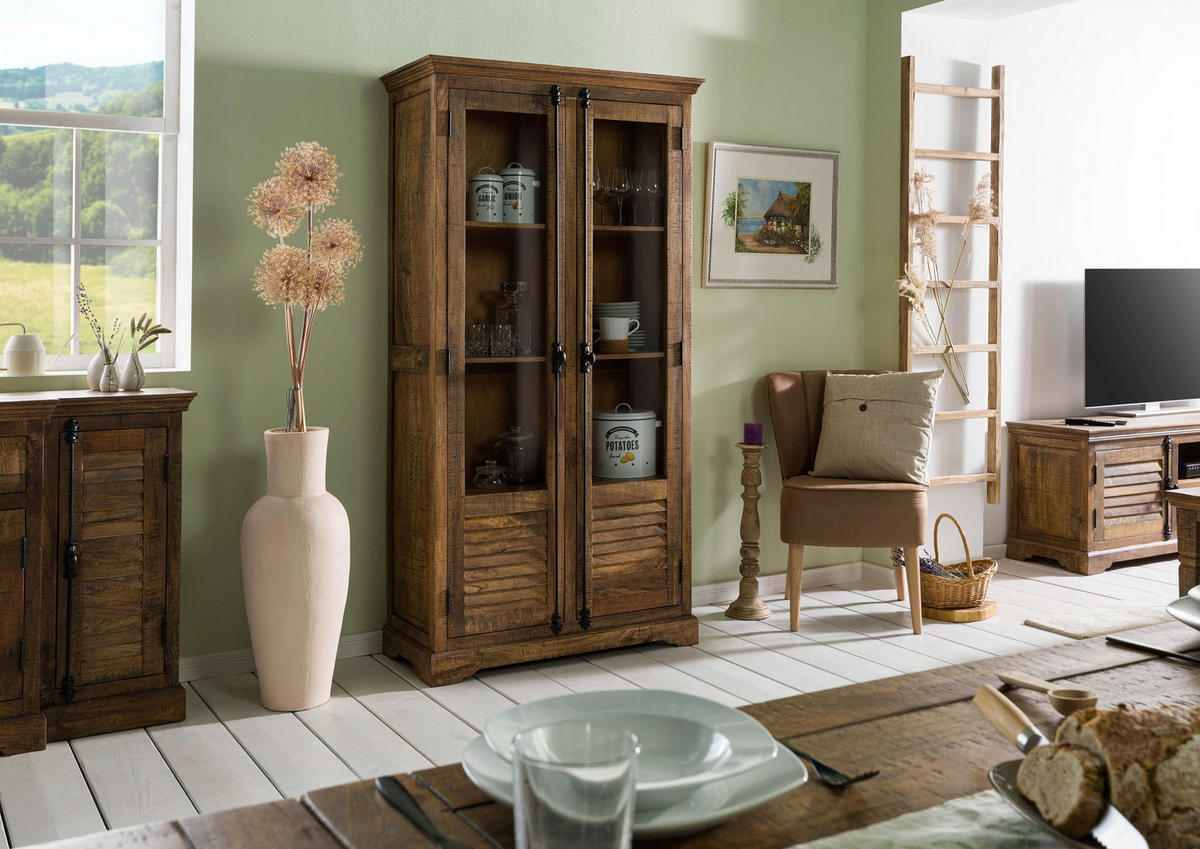 VITRINE Mango 100x45x190 dunkelbraun geölt RODEZ #152 - Dunkelbraun, Holz (100/190/45cm) - Massivmoebel24