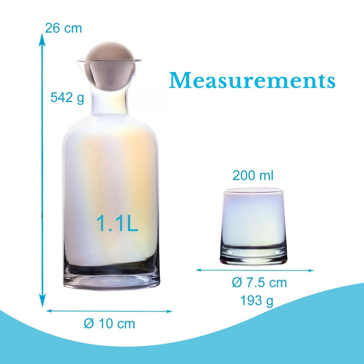 KARAFFE mit 4 Gläsern Set aus Glas mit Regenbogen Schimmer - Transparent, Glas (1.1L) - Intirilife