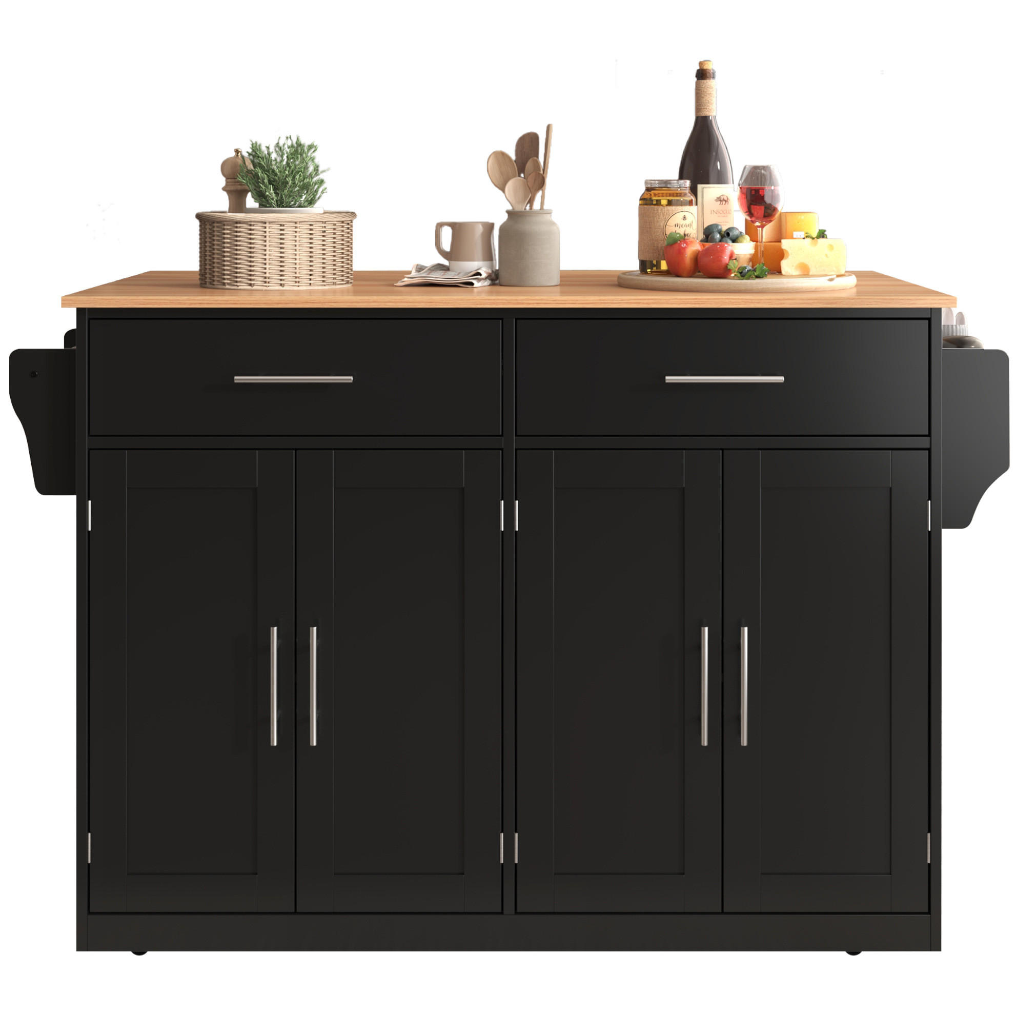 KÜCHENINSEL 120/46(70)/91,5 cm aus MDF mit klappbarer Tischplatte und Rollen Schwarz/Natur - Schwarz, Holzwerkstoff (120/91.5/71cm) - Modenvie