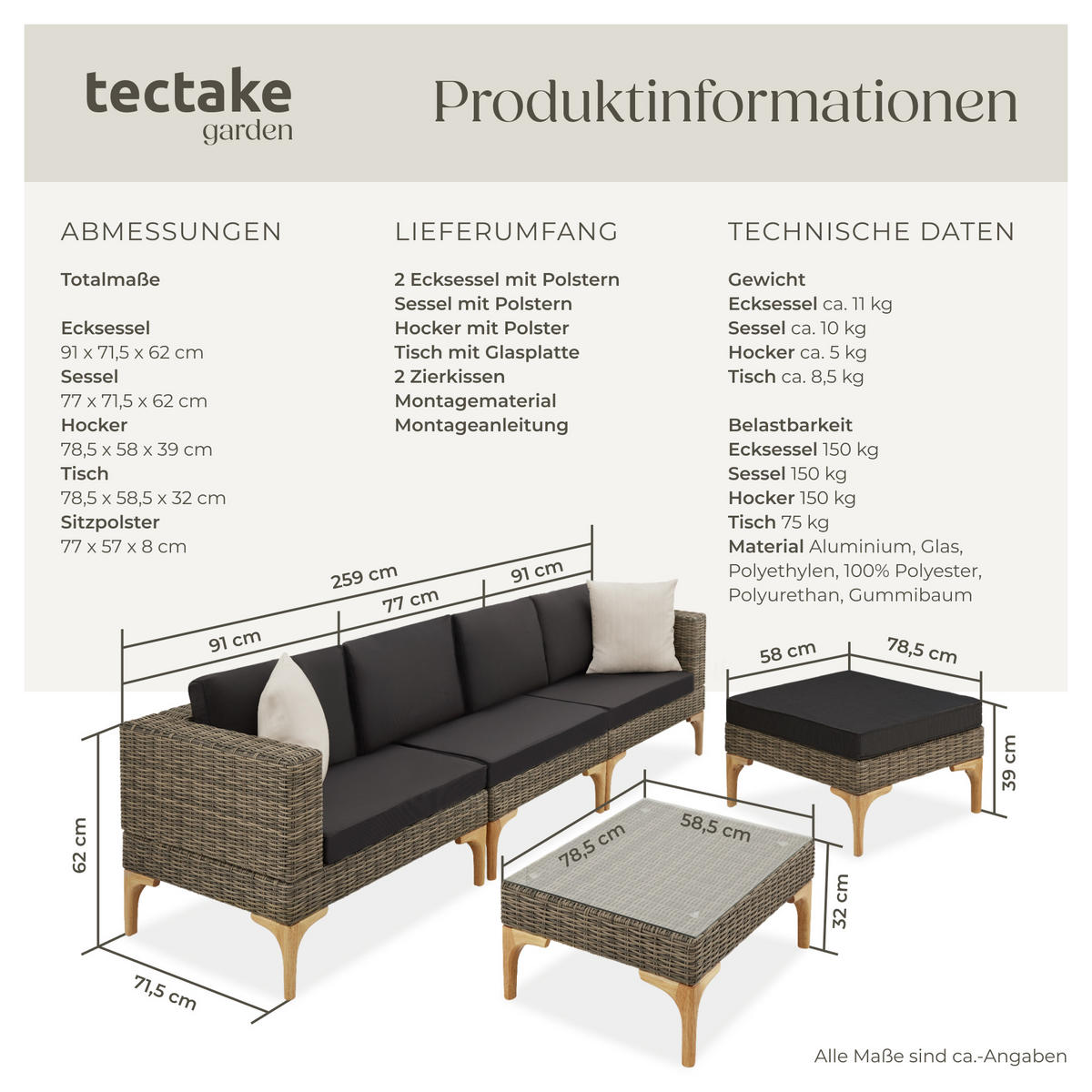 RATTANLOUNGE Konstanza, mit Sicherheitsglasplatte, natur - Naturfarben, Kunststoff/Metall - tectake