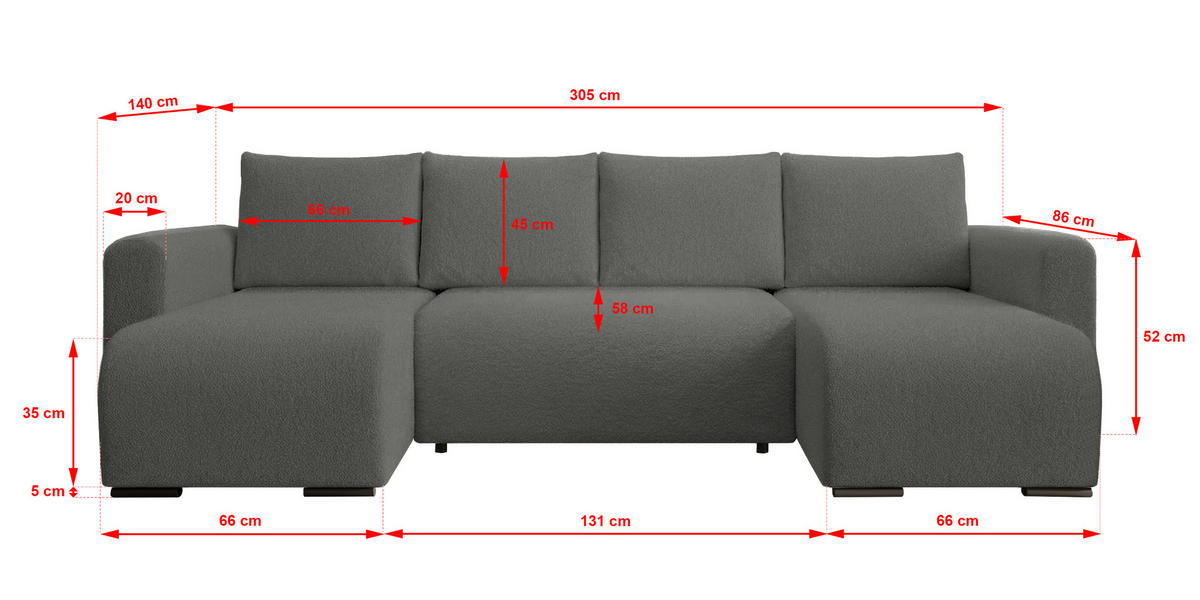 WOHNLANDSCHAFT DORA U mit Bettkasten und Schlaffunktion, U-Form, bequem - Dunkelgrau, Textil (305/85/140cm) - Storez24