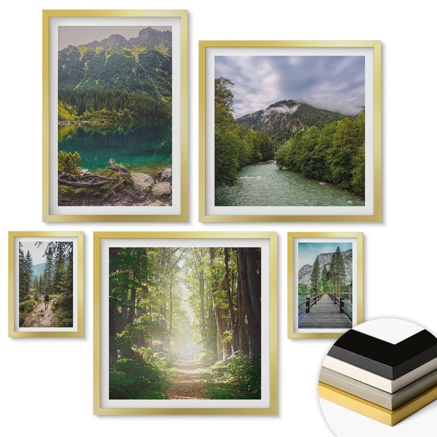 WANDBILDER 5er Set - 50x50 cm & 20x30 cm & 40x60 cm Goldrahmen - Straße Wald Berge Hirsch Natur - Goldfarben, Kunststoff (40/60cm) - ArtPrintCave