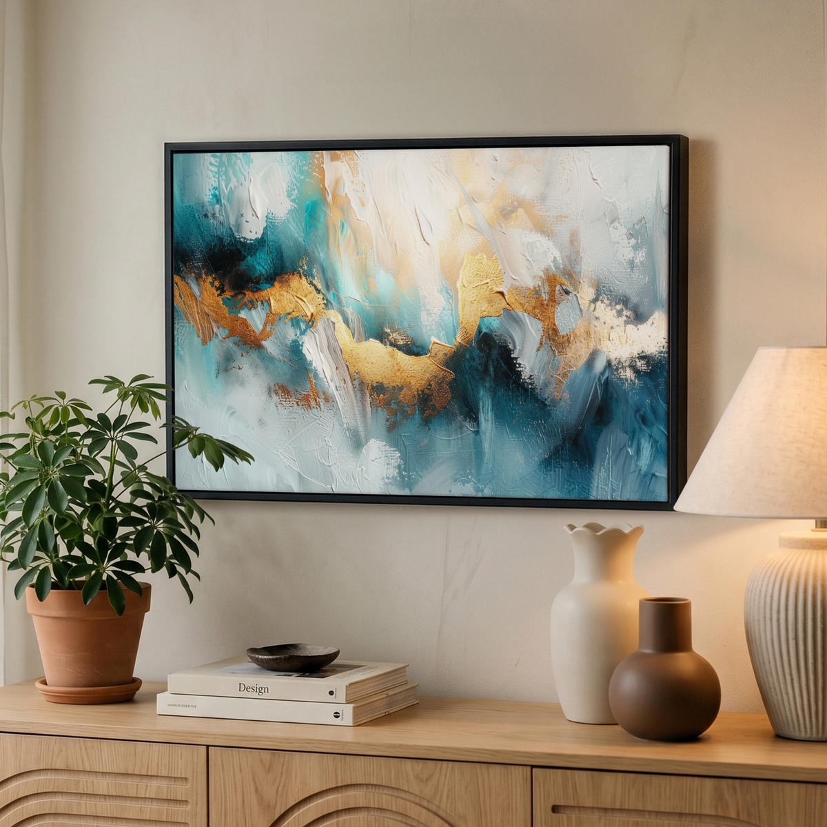 LEINWAND Bilder mit Rahmen - Abstrakt - Kunst - Gold - Blau - 60x40 - Petrol, Textil (60/40cm) - MuchoWow