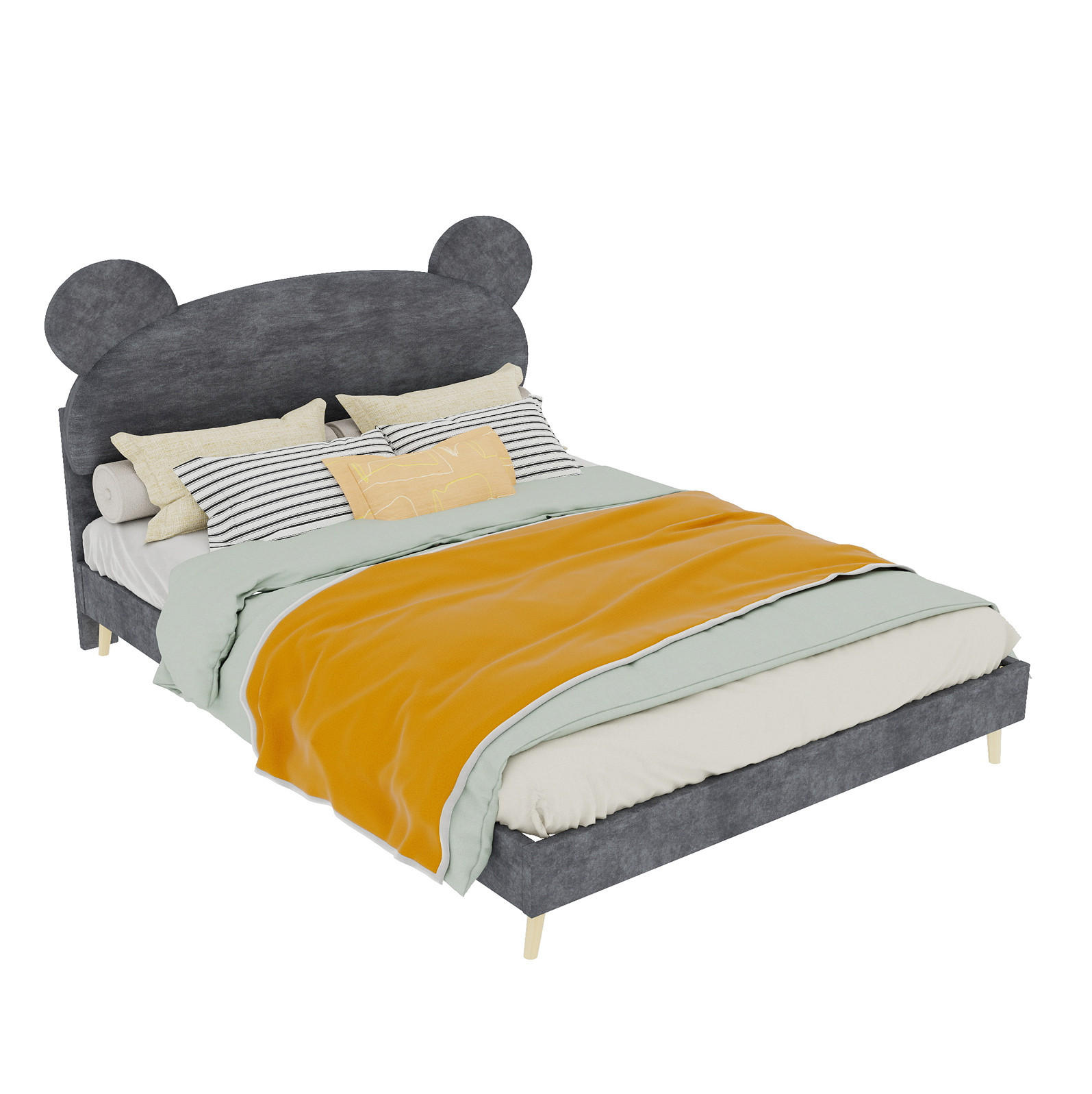 OKWISH DĚTSKÁ postel 140/200 cm šedá z látky a kovu s plyšovým čelem s medvědími oušky