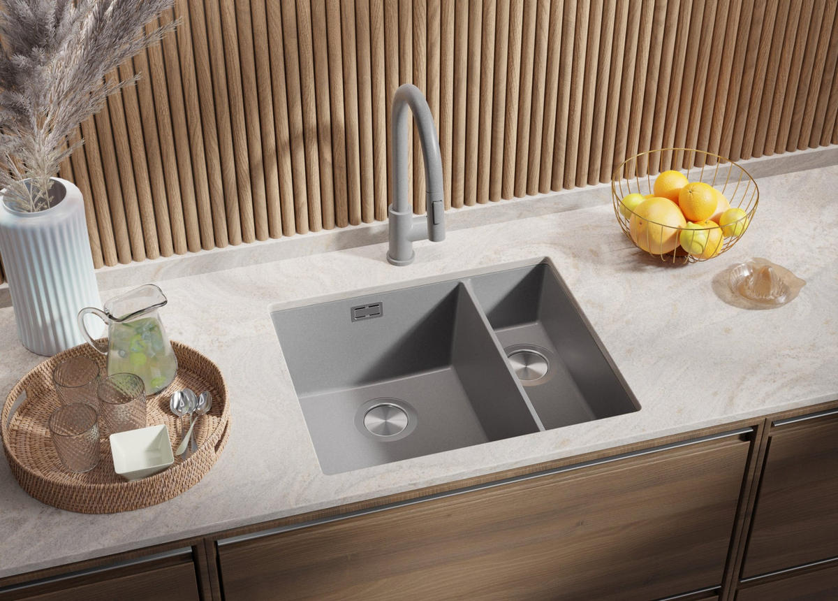 UNTERBAUSPÜLE GRANIT London Duo, 2-er set Grau 56/47 cm 1,5 Becken + Küchenarmatur 38/14 cm + Ablauf-Set ab 60er Unterschrank - Grau, Kunststoff (56/20/47cm) - Primagran