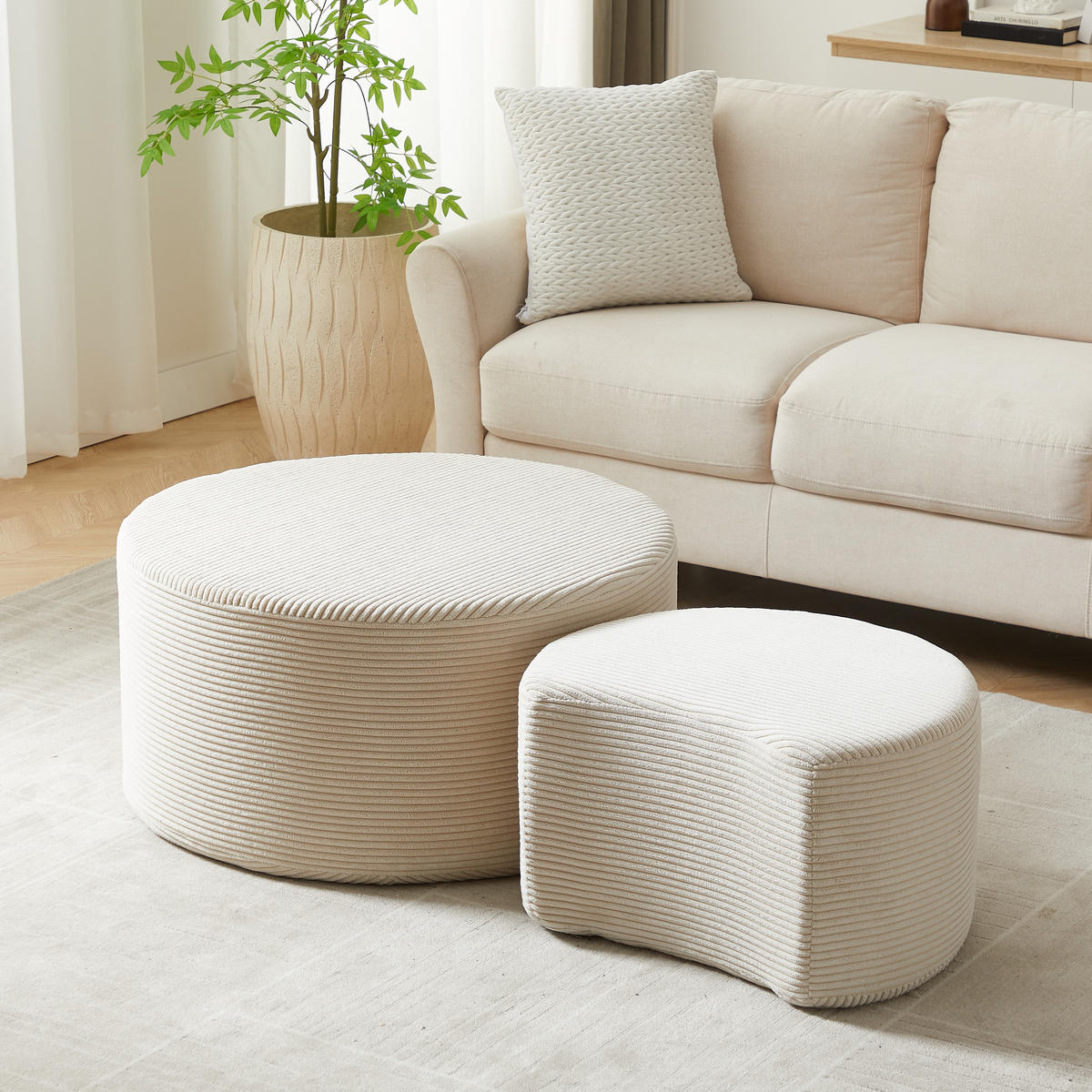 COUCHTISCH in Beige runder Kaffeetisch aus Schaumstoff, Set mit 2 Stück für Wohnzimmer, B127/T81/H40cm - Beige, Textil (81/127/40cm) - STILVORA
