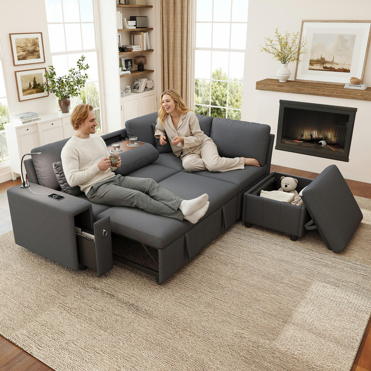 SCHLAFSOFA Grau L-Form USB Stauraum Tisch Leselicht Kissen - Grau, Textil (184/213cm) - FLIEKS