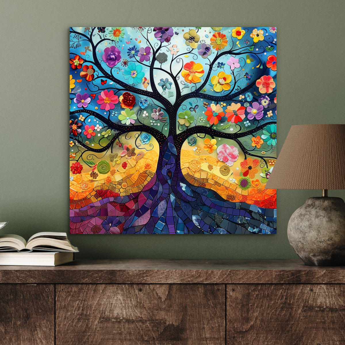 KOVOVÝ OBRAZ Umenie - Strom života - Kvety - Hippie 50x50 cm - tmavomodrá, kov (50/50cm) - MuchoWow