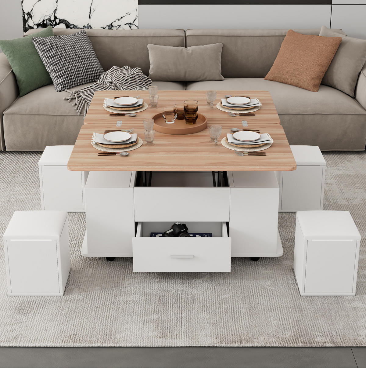 COUCHTISCH aus Spanplatte 100x50x45 cm Weiß/Naturholzfarben höhenverstellbar mit Schublade, 4 Hockern und Rollen - Weiß, Holzwerkstoff (100/50/45cm) - Modfu