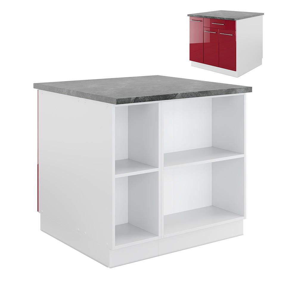 KÜCHENINSEL Fame-Line Bordeaux Hochglanz/Weiß 90 cm mit Schublade ohne AP - Bordeaux/Weiß, Holzwerkstoff (90/82/60cm) - Vicco