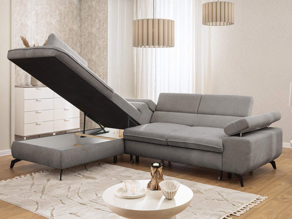 ECKSOFA mit Schlaffunktion und Bettkasten Bonnie aus Hellgrau Chenille-Stoff mit verstellbaren Kopfstützen und Armlehne - Ottomane links - Hellgrau/Schwarz, Holz/Textil (275/210cm) - S-Style Möbel