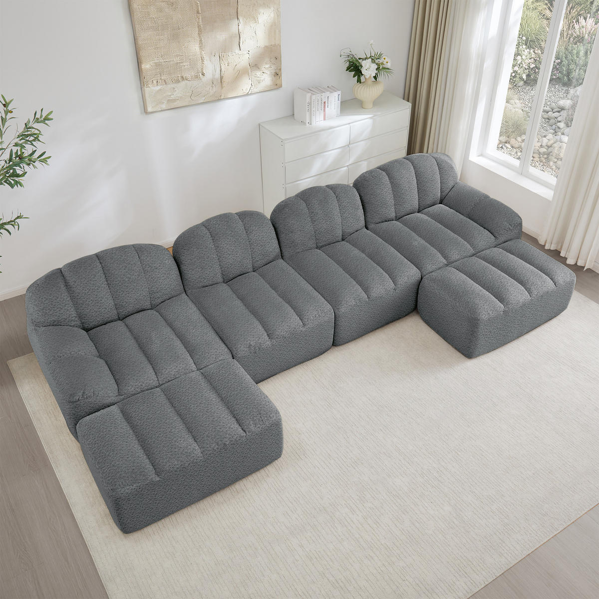 WOHNLANDSCHAFT Granulierter Fleece Grau mit 2 Ottomanen - Grau, Textil (366/79/165cm) - WISHDOR