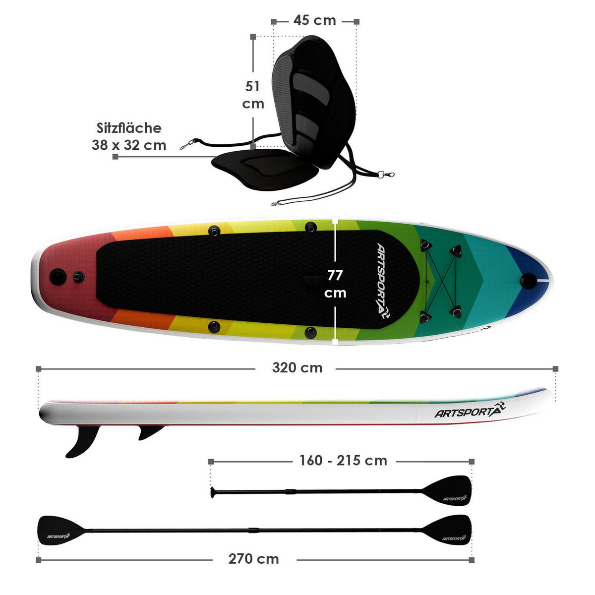 STAND UP Paddle Board Retro Love aufblasbar mit Kajak-Set - Multicolor, Kunststoff (320/77/15cm) - Artsport