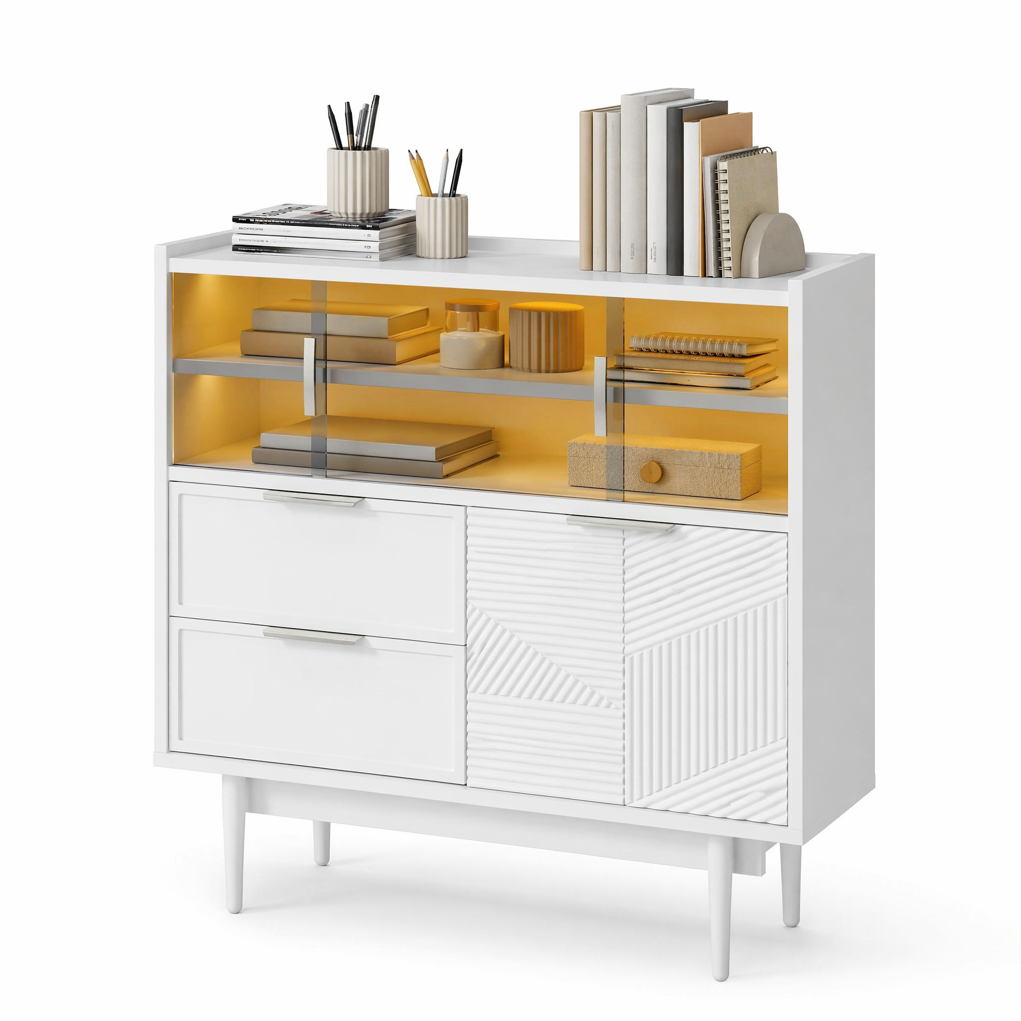 SIDEBOARD in Weiß Aufbewahrungsschrank , mit LED-Lichtleiste Glastür Stauraum Badmöbel B80/T35/H80cm - Transparent/Weiß, Glas/Holzwerkstoff (80/80/35cm) - STILVORA