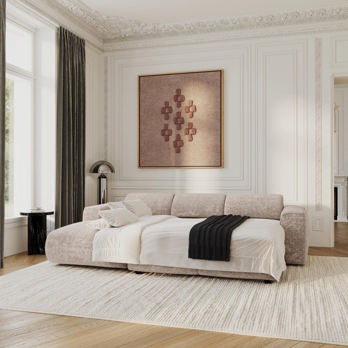 ECKSCHLAFSOFA Geprägter Samt Beige 283cm - Beige, Textil (283/180cm) - Sia Home