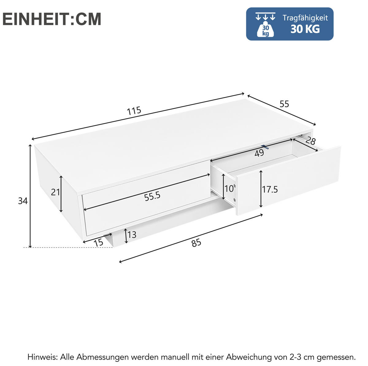 COUCHTISCH, Hochglanz-Spanplatte, LED-Beleuchtung, 2 Schubladen, 115/55/34 cm, Weiß - Weiß, Holzwerkstoff (115/55/34cm) - Redom