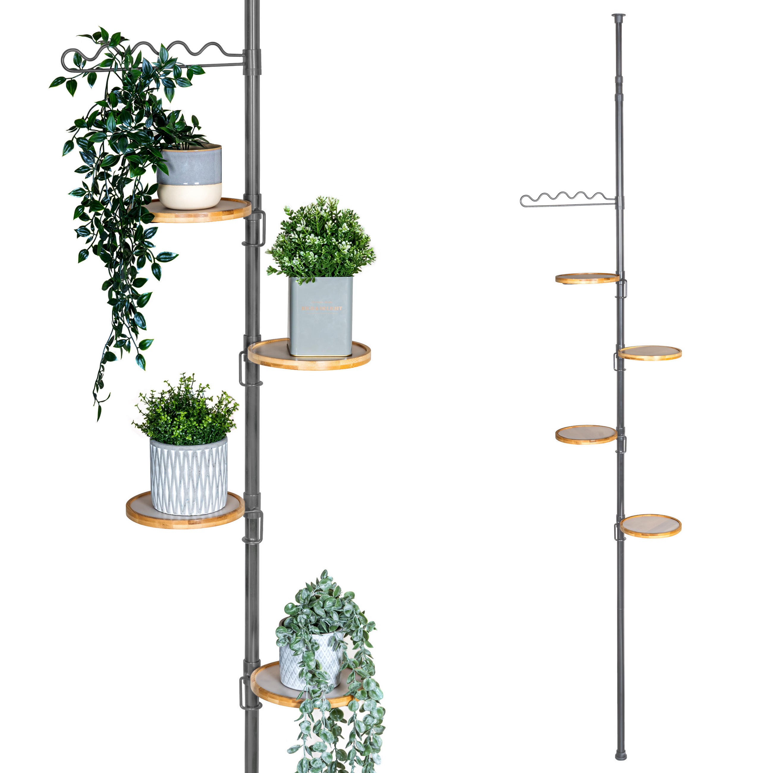 TELESKOP-BLUMENSÄULE mit 4 Bambusablagen, grau - Grau, Metall (53/290/20cm) - bremermann