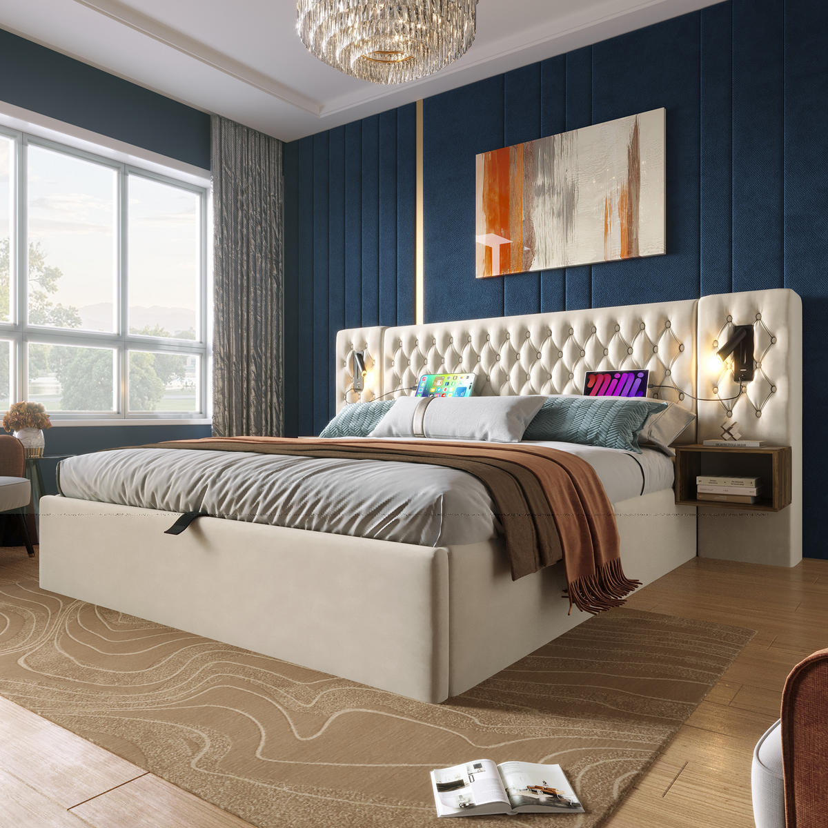 POLSTERBETT 160/200 cm Beige Hydraulisch Stauraumbett mit Nachttischen und Leselicht - Beige, Textil (160/200cm) - OKWISH