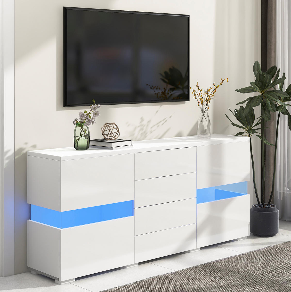 SIDEBOARD 140/35/72 cm aus MDF mit LED-Beleuchtung und 4 Schubladen Weiß - Weiß, Holzwerkstoff (145/72/35cm) - Modenvie