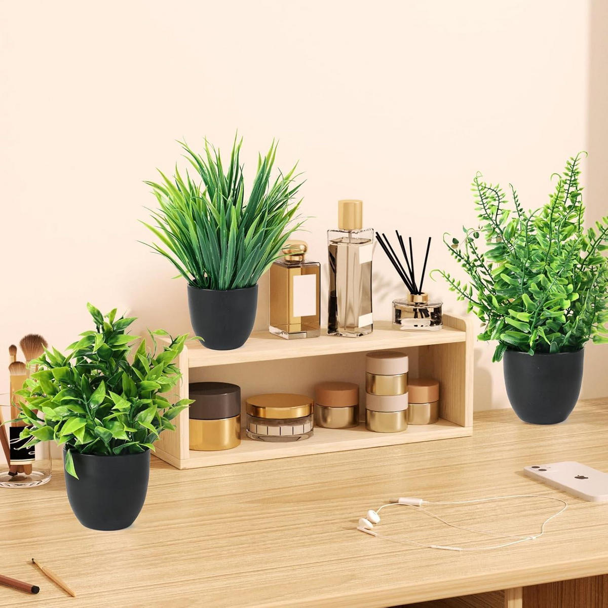 KUNSTPFLANZEN 4-teiliges Set mit Topf 23 cm - Grün, Kunststoff (8cm)