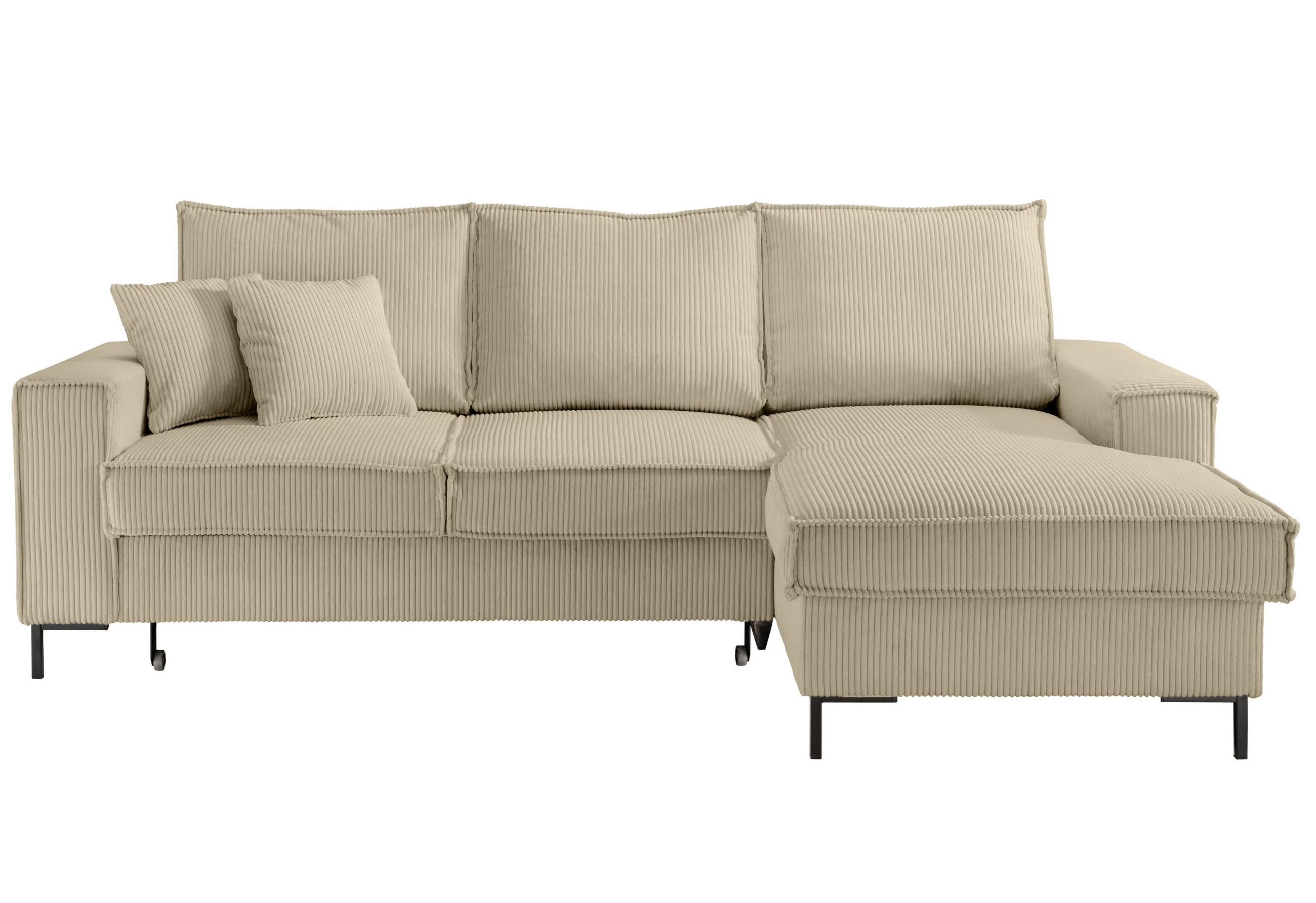ECKSOFA mit Schlaffunktion, Bettkasten, Wellenunterfederung, Récamiere rechts B240/T150/H92 cm, Liegefl. 125x198 cm, Cord Beige Grau / 17220 - Greige/Beige, Textil/Metall (240/150cm) - luma-home