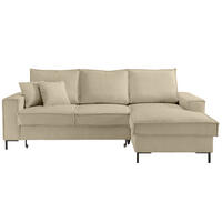 ECKSOFA mit Schlaffunktion, Bettkasten, Wellenunterfederung, Récamiere rechts B240/T150/H92 cm, Liegefl. 125x198 cm, Cord Beige Grau / 17220 - Greige/Beige, Textil/Metall (240/150cm) - luma-home