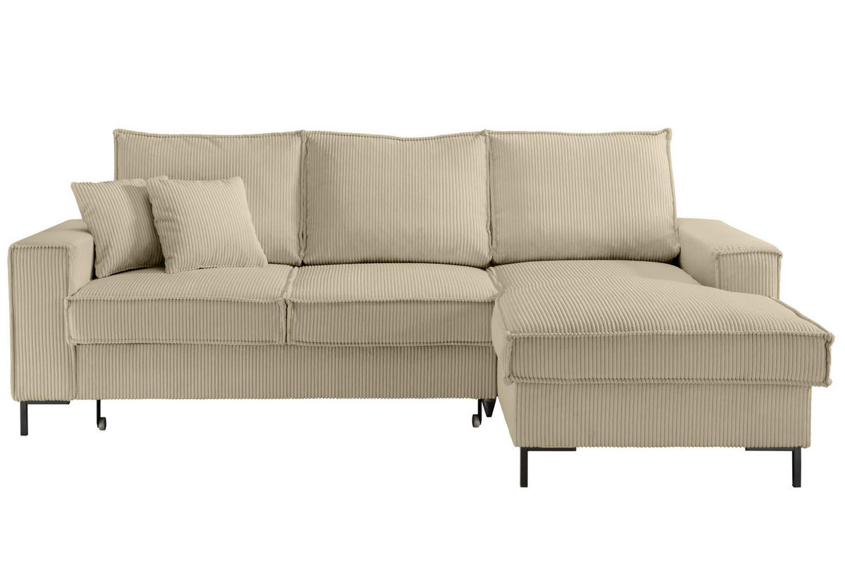 ECKSOFA mit Schlaffunktion, Bettkasten, Wellenunterfederung, Récamiere rechts B240/T150/H92 cm, Liegefl. 125x198 cm, Cord Beige Grau / 17220 - Greige/Beige, Textil/Metall (240/150cm) - luma-home