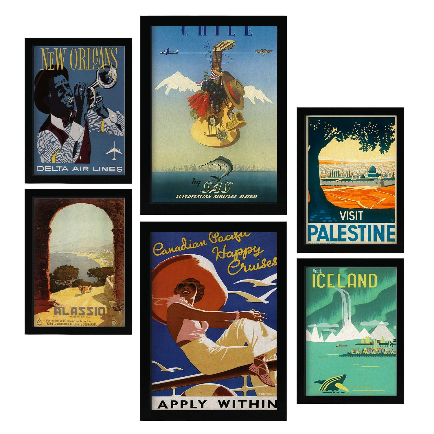 POSTER Set Mit 6 Land Und Städte Vollfarbige Illustrationen Von Vintage Tourismus Werbetafeln Aus Der Ganzen Welt A3 & A4 Schwarzer Rahmen - Schwarz, Papier (29/3cm) - Nacnic