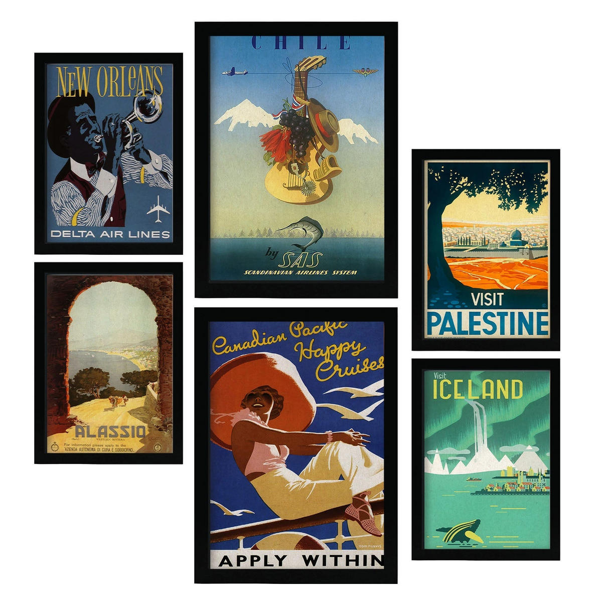 POSTER Set Mit 6 Land Und Städte Vollfarbige Illustrationen Von Vintage Tourismus Werbetafeln Aus Der Ganzen Welt A3 & A4 Schwarzer Rahmen - Schwarz, Papier (29/3cm) - Nacnic