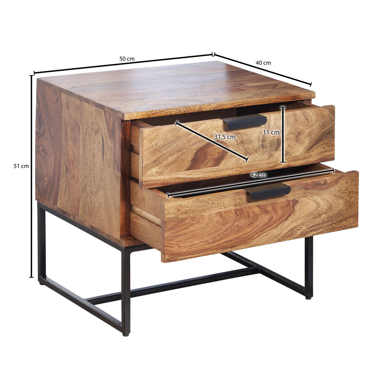 NACHTTISCH – Massivholz/Eisen, 50x40x51 cm, 2 Schubladen, Industrial-Stil - Schwarz/Braun, Holz/Metall (50/51/40cm) - KADIMA DESIGN