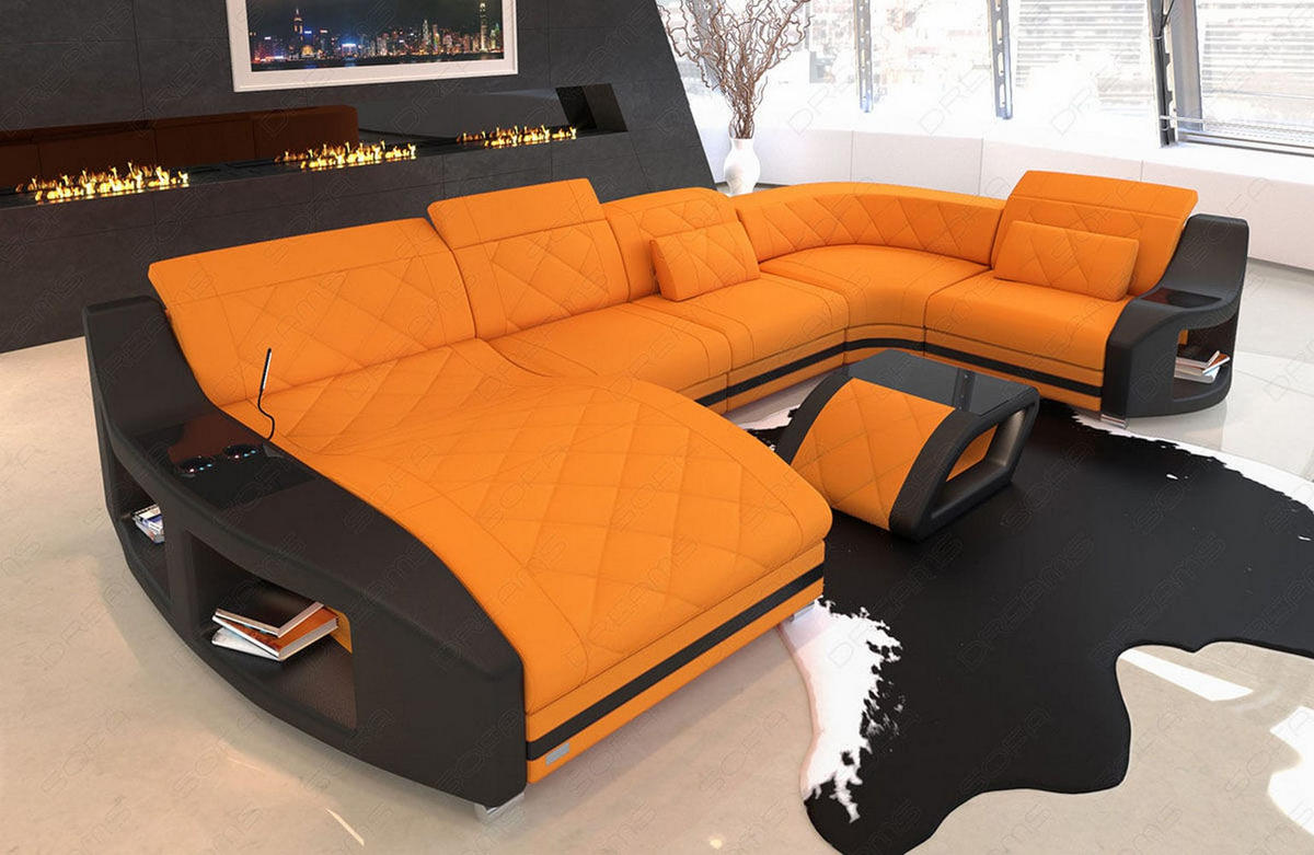 WOHNLANDSCHAFT Stoff Sofa Swing U Form Apricot Schwarz Mikrofaserstoff - Orange, Kunststoff (404/90/220cm)
