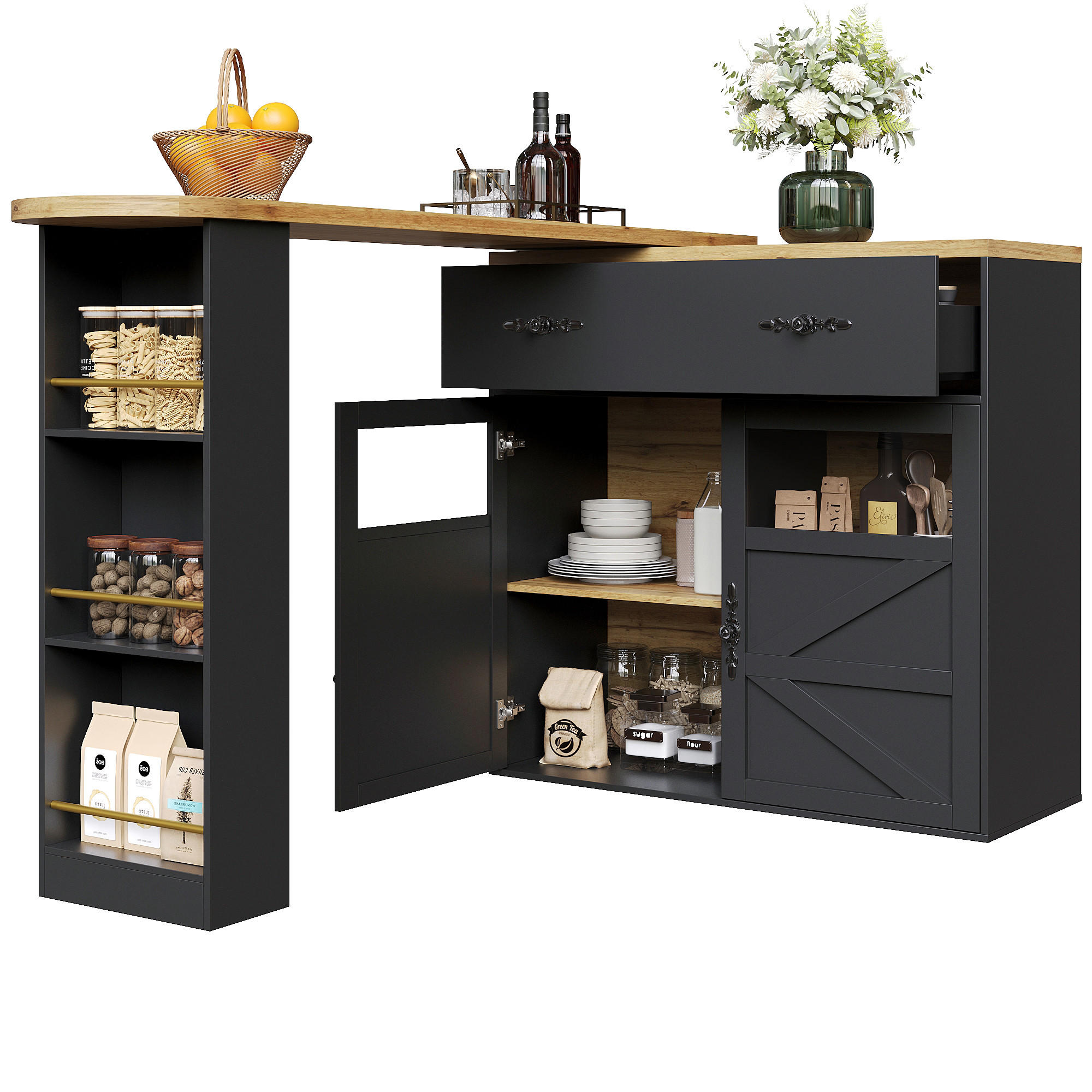 BARTISCH 138-204/39/104 cm mit Stauraum und 360° Drehfunktion in Schwarz - Schwarz, Holzwerkstoff (39/204/104cm) - BEAOK