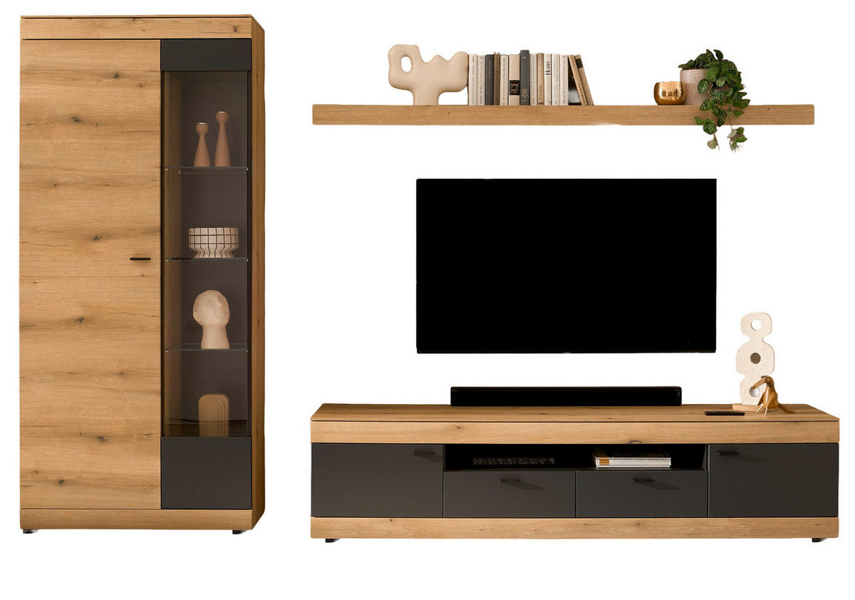 WOHNWAND Eiche, grau 300 x 201 cm, Wohnzimmer Set mit Soft-Close - Kaschmir/Eichefarben, Glas/Holzwerkstoff (300/201/45cm) - Furn.Design