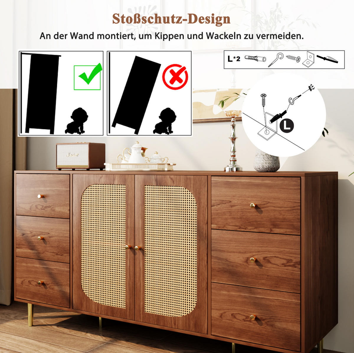 SIDEBOARD mit 6 Schubladen 160 x 40 x 90 cm MDF Wood 2-türig - Braun, Holzwerkstoff (40/90/160cm) - Meubliv