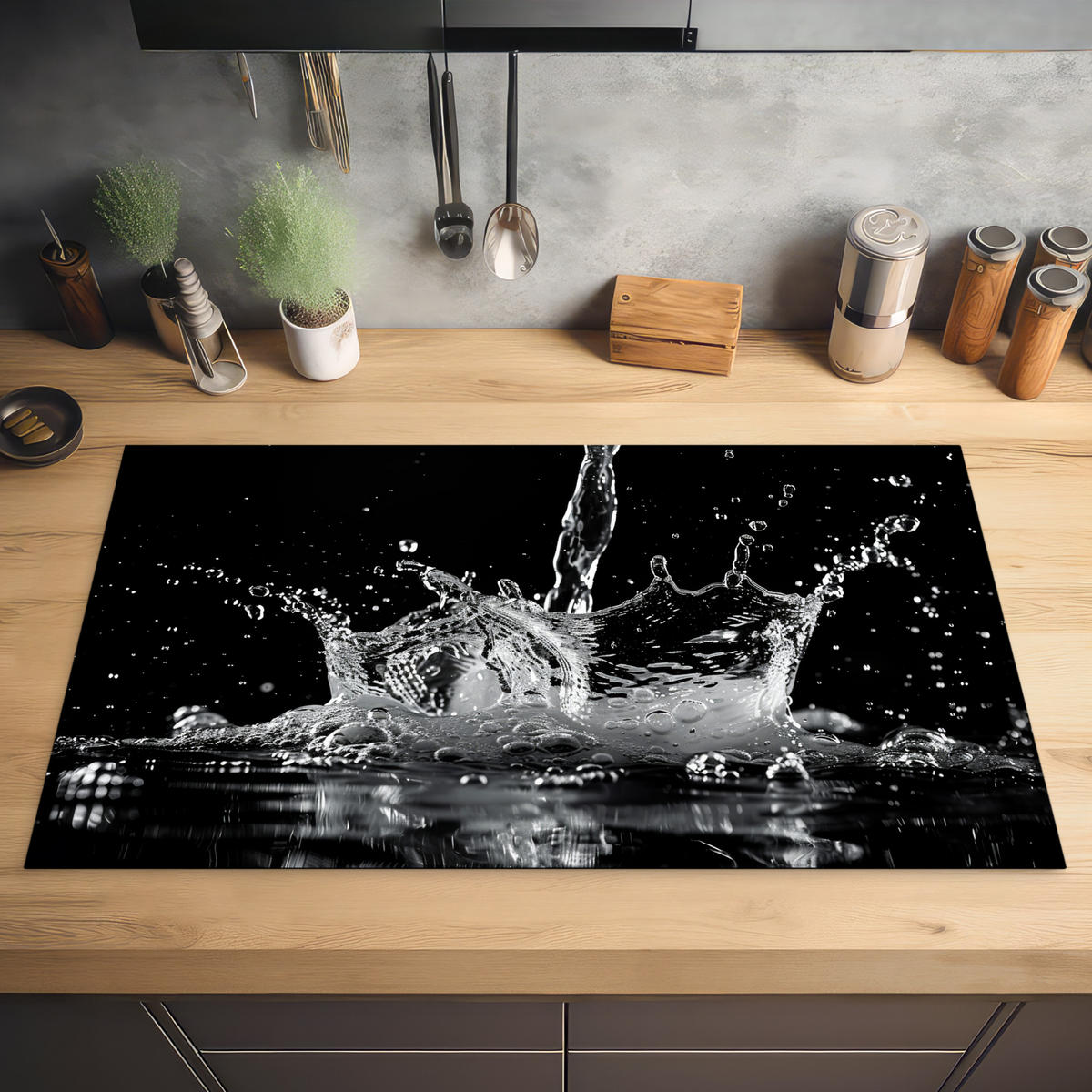 HERDABDECKPLATTE Wasser - Spritzwasser - Schwarz Ceranfeldabdeckung 90x52 cm - Schwarz, Kunststoff (90/52/0.2cm) - MuchoWow