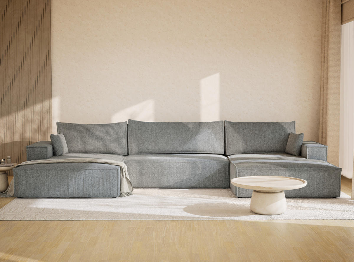 WOHNLANDSCHAFT Kyoto Blau grau Webstoff - Blaugrau/Schwarz, Holz/Holzwerkstoff (398/70/148cm) - Maison de Reve