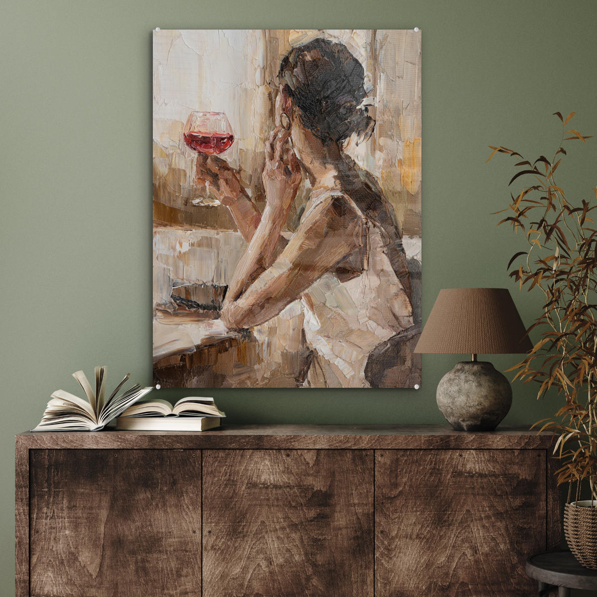 ACRYLGLASBILD Ölgemälde - Frau - Wein 60x80 cm - Hellbraun, Glas (60/80cm) - MuchoWow