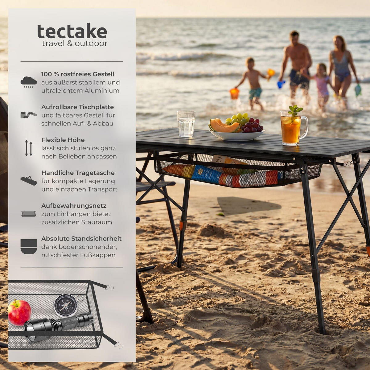 CAMPINGTISCH aus Aluminium Bastian, 120 x 70,5 x 58 – 79 cm, schwarz - Schwarz, Metall (120/70.5/79cm) - tectake