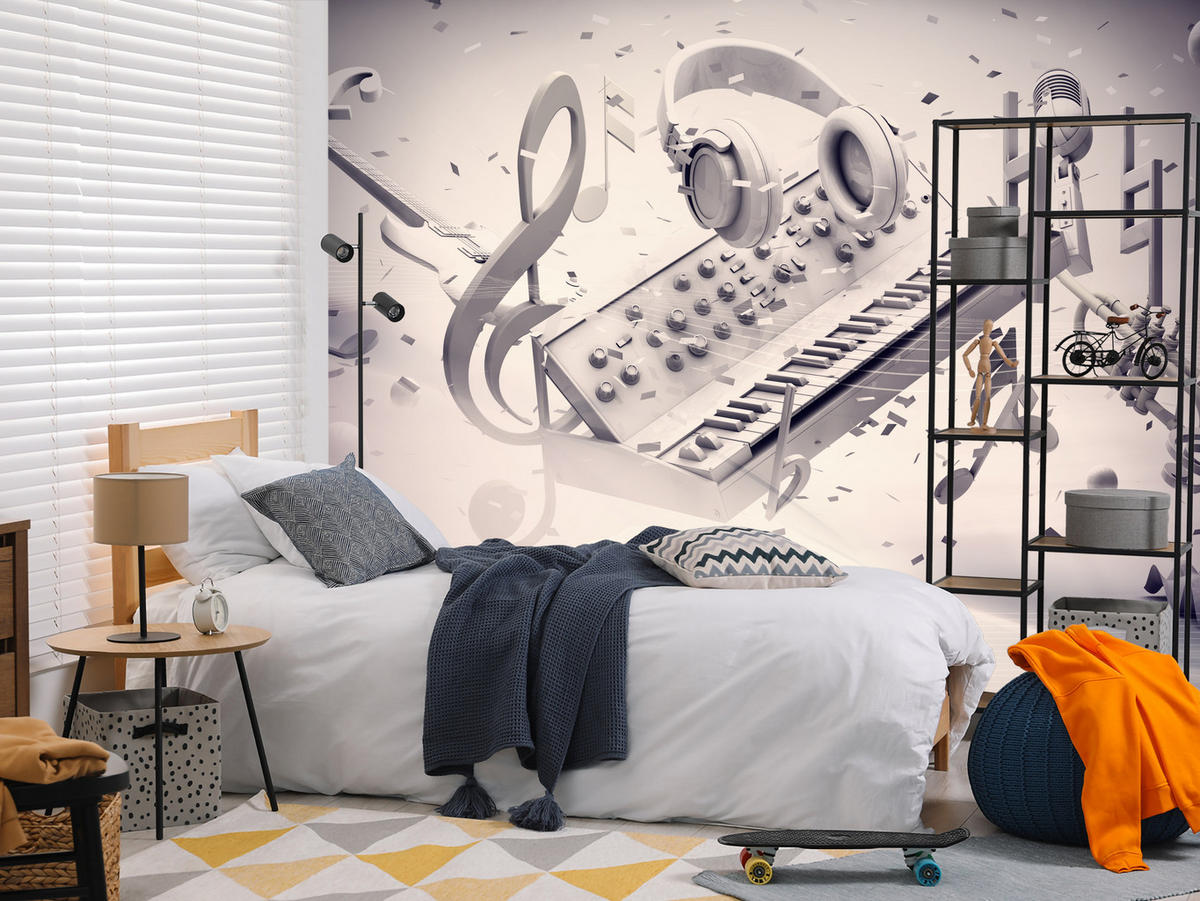 FOTOTAPETE für Jugendzimmer Modern Kollage Musik Klavier Noten Kopfhörer 100x70 - Grau, Papier (100/70cm) - Muralo